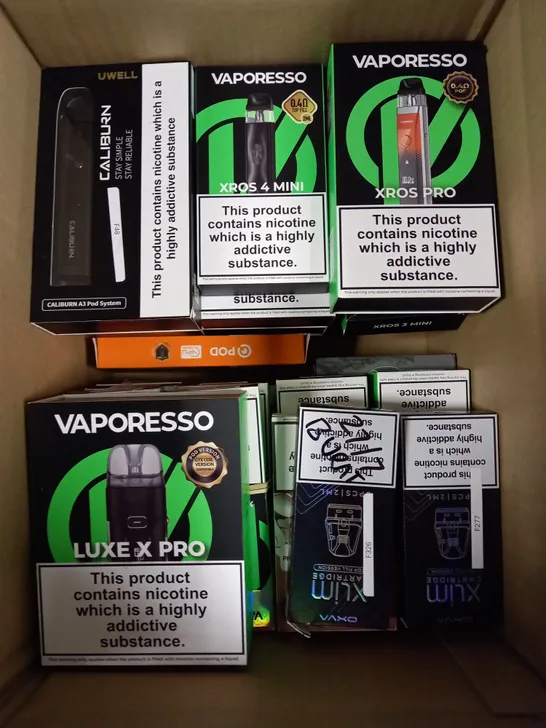 APPROXIMATELY 20 ASSORTED E-CIGARETTE PRODUCTS/ACCESSORIES TO INCLUDE ASPIRE, VAPORESSO, VOO POO ETC 