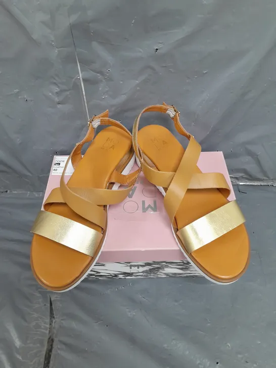 BOXED PAIR OF MODA IN PELLE WEDGE SANDAL WITH CROSS OVER IN TAN LEATHER SIZE 7