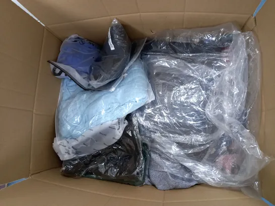 LARGE BOX OF ASSORTED CLOTHING ITEMS IN VARIOUS COLOURS AND SIZES INCLUDING TROUSERS , TOPS AND JUMPERS 