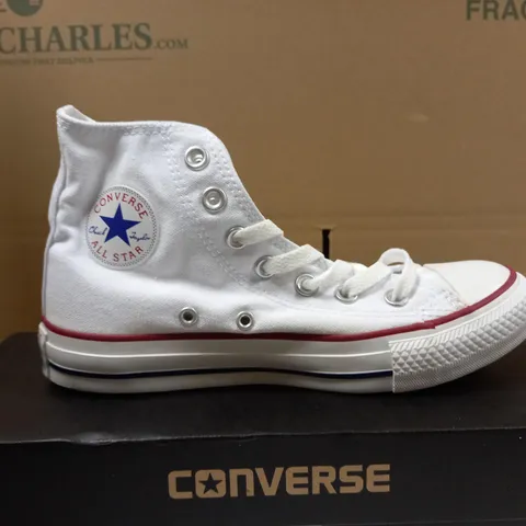 BOXED PAIR OF CONVERSE ALL STAR WHITE/LOGO TRAINERS -  SIZE 4