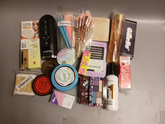 BOX OF APPROX 40 COSMETICS ITEMS TO INCLUDE - MADE BY MITCHELL BLURSH - RENPHO LEG MASSAGER - HERBAL ESSENCES HAIR MASK ETC