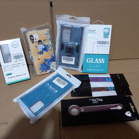 LOT OF 8 ITEMS INCLUDING PHONE CASES, TAGS, TEMPERED GLASS
