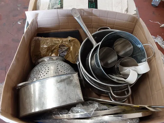 BOX OF ASSORTED CATERING SUPPLIES INCLUDING; POTS, PANS, CUTLERY ECT.