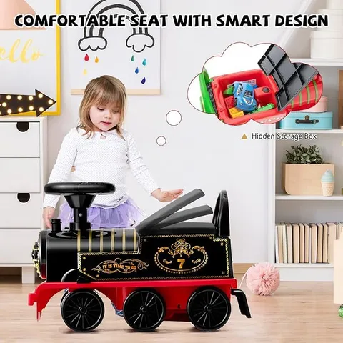 COSTWAY KIDS ELECTRIC RIDE ON TRAIN WITH TRACKS, STORAGE SEAT, FLASHING LIGHTS & MUSIC, 6V BATTERY POWERED RIDE ON TOY - BLACK