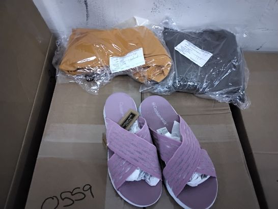 BOX OF APPROXIMATELY 26 ASSORTED CLOTHING TO INCLUDE A PAIR OF CUSHION-WALK SANDALS AND A EMELIA SUPERSTRETCH CROP DRESS 
