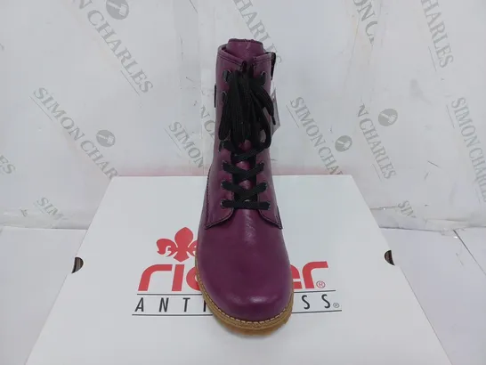 BOXED PAIR OF RIEKER LACE UP BOOTS IN PURPLE SIZE 5 