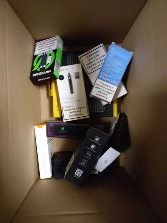 BOX OF APPROXIMATELY 10 ASSORTED E-CIGARATTES TO INCLUDE VAPORESSO, VOOPOO, ASPIRE ETC