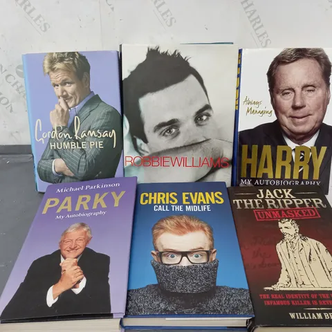 APPROXIMATELY 6 ASSORTED BOOKS TO INCLUDE GORDON RAMSEY HUMBLE PIE, JACK THE RIPPER UNMASKED, HARRY ALWAYS MANAGING AUTOBIOGRAPHY, ETC