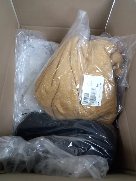 BOX OF ASSORTED CLOTHING TO INCLUDE TUNICS - SHIRTS AND COATS 