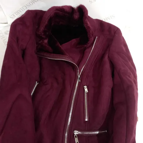 NINA LEONARD ZIP UP FUR HOODED COAT IN MAROON - M