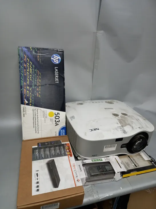 LARGE BOX OF ASSORTED ELECTRICAL ITEMS TOO INCLUDE PROJECTORS , LASER JETS AND MONITOR SPLITTERS , ETC - COLLECTION ONLY 