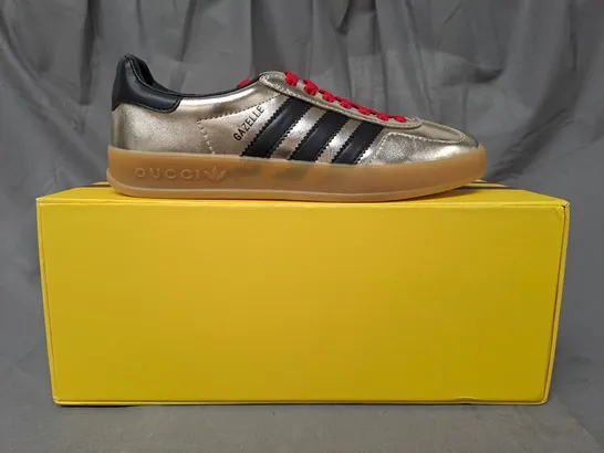 BOXED PAIR OF ADIDAS GUCCI GAZELLE SHOES IN METALLIC GOLD/BLACK UK SIZE 6