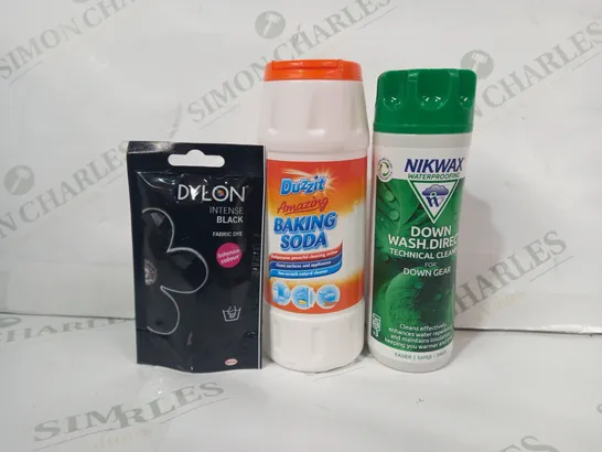 LOT OF APPPROXIMATELY 10 ASSORTED HOUSEHOLD ITEMS TO INCLUDE NIKWAX TECH CLEANER FOR DOWN GEAR, DUZZIT BAKING SODA, DYLON FABRIC DYE, ETC