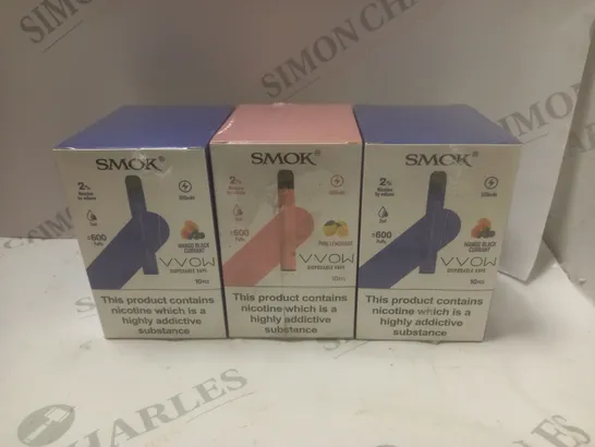 3 BOXED & SEALED (10 DISPOSABLES PER BOX) SMOK DISPOSABLE VAPES - MANGO BLACKCURRANT & PINK LEMONADE 	