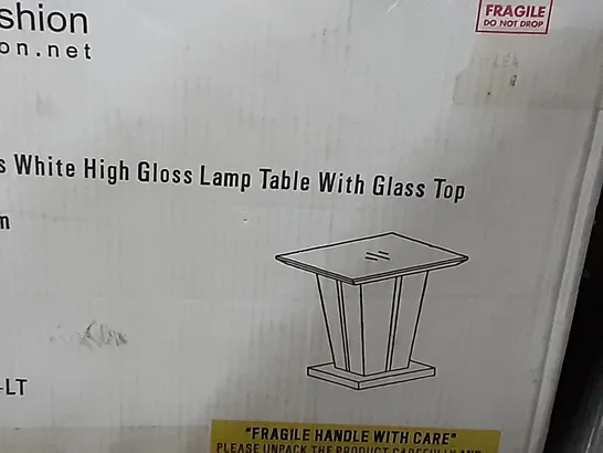 BOXED MEMPHIS WHITE HIGH GLOSS LAMP TABLE WITH GLASS TOP , 2 BOXES 