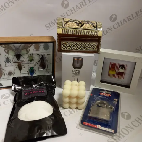 BOX OF APPROX 10 ITEMS TO INCLUDE DECORATIVE INSECT DISPLAY, ABUS PADLOCKS AND SCENTED CANDLE