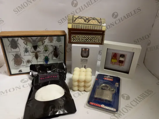 BOX OF APPROX 10 ITEMS TO INCLUDE DECORATIVE INSECT DISPLAY, ABUS PADLOCKS AND SCENTED CANDLE