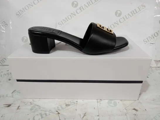 BOXED PAIR OF GIVENCHY 4G HEEL MULE SANDALS IN BLACK WITH GOLD EFFECT DETAIL EU SIZE 38