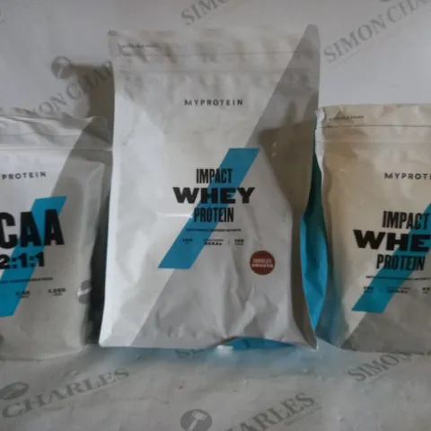 BOX OF 3 MYPROTEIN PRODUCTS TO INCLUDE IMPACT WHEY PROTEIN POWDER CHOCOLATE SMOOTH, BCAA 2:1:1 UNFLAVOURED, IMPACT WHEY PROTEIN CEREAL MILK FLAVOUR 