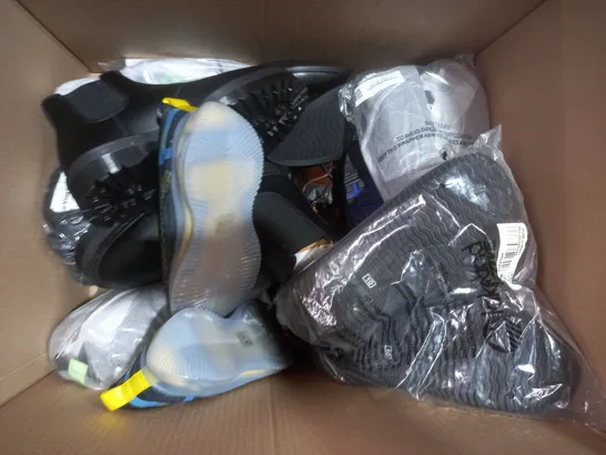 BOX OF APPROXIMATELY 10 ASSORTED PAIRS OF SHOES AND FOOTWEAR ITEMS IN VARIOUS STYLES AND SIZES TO INCLUDE DR MARTENS, M&S, ETC