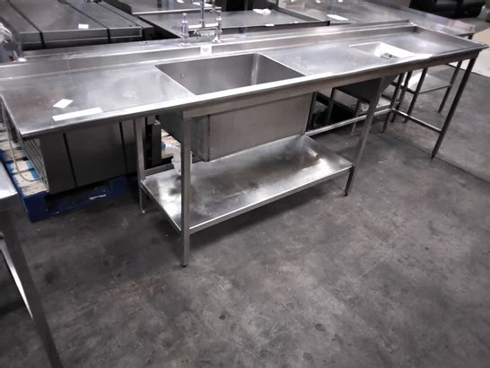 COMMERCIAL METAL WASH TABLE WITH SINGLE SINK, MIXER & SPRAY TAP & WASTE FOOD SHOOT 290cm