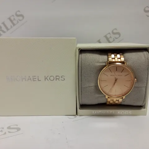 BOXED MICHAEL KORS WOMEN'S PYPER THREE-HAND ROSE GOLD-TONE STEEL WATCH