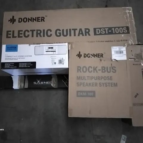 PALLET OF ASSORTED ITEMS INCLUDING DONNER ELECTRIC GUITAR, TOWER HEATER, ROCK-BUS MULTIPURPOSE SPEAKER SYSTEM, COMPACT HI-FI STEREO SYSTEM, CURVED SCREEN HANGING LIGHT PRO, CERAMIC SPACE HEATER