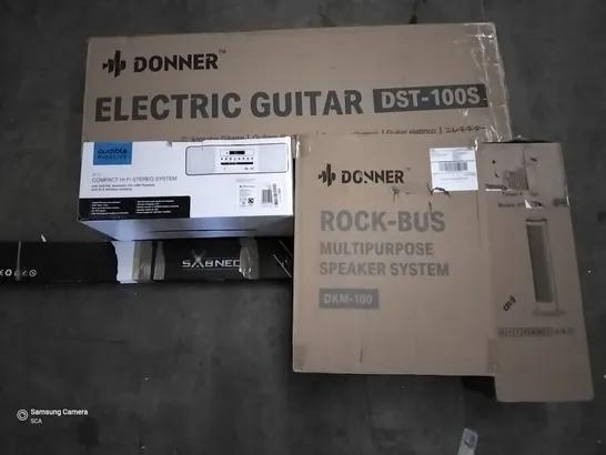 PALLET OF ASSORTED ITEMS INCLUDING DONNER ELECTRIC GUITAR, TOWER HEATER, ROCK-BUS MULTIPURPOSE SPEAKER SYSTEM, COMPACT HI-FI STEREO SYSTEM, CURVED SCREEN HANGING LIGHT PRO, CERAMIC SPACE HEATER