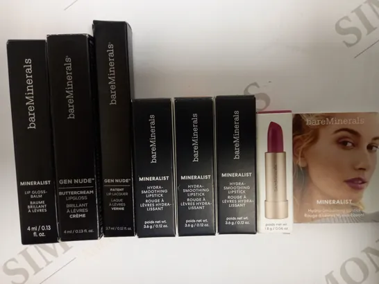 LOT OF 7 BAREMINERALS LIP MAKEUP TO INCLUDE LIP BALM, LIP GLOSS, LIP LACQUER, AND LIPSTICK - ASSORTED SHADES 