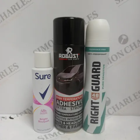 BOX OF APPROX 10 ASSORTED AEROSOLS TO INCLUDE - ROBUST HIGH TEMP ADHESIVE - SURE BRIGHT BOUQUET - RIGHT GAURD ECT