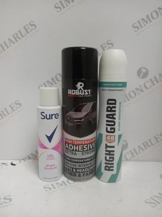 BOX OF APPROX 10 ASSORTED AEROSOLS TO INCLUDE - ROBUST HIGH TEMP ADHESIVE - SURE BRIGHT BOUQUET - RIGHT GAURD ECT