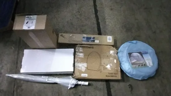 PALLET OF ASSORTED ITEMS INCLUDING STOREMIC TOILET SEAT, MOSQUITO NET, VIT SMOOTH STOVE OFFSET, CLEAR UMBRELLA, CURTAIN POLE KIT, GETFIT PREMIUM AIR BED 