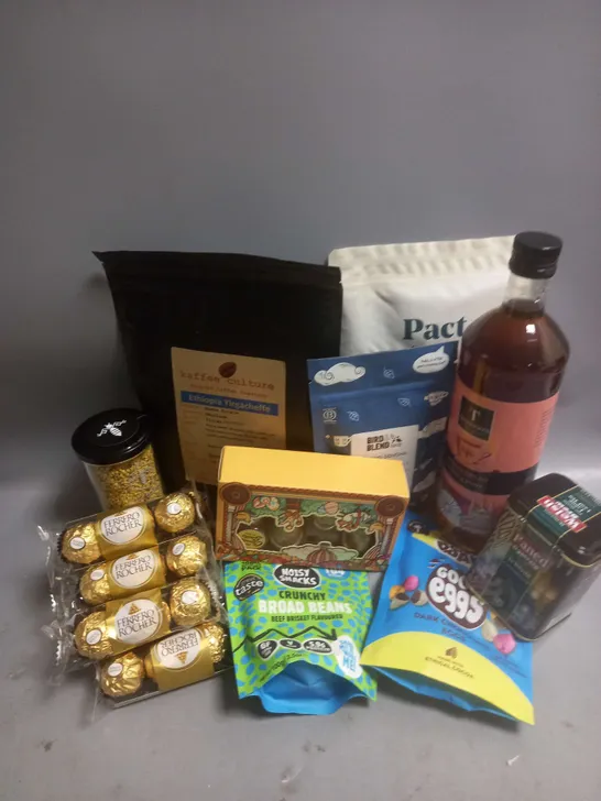 TOTE OF APPROX 12 ASSORTED FOOD ITEMS TO INCLUDE - FERERRO ROCHER 3PACK - DOISY & DAM DARK CHOCOLATE EGGS - BIRD & BLEND SPRING SENCHA TEA ETC