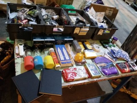 FOUR TRAYS OF ASSORTED ITEMS TO INCLUDE: THOTH TAROT DECK, MODELLING CLAY, PASTE BRUSHZ HEAT RESISTANT SEALANT, CREDIT CARD WALLET ETC
