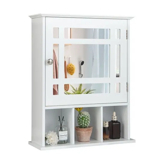 BOXED COSTWAY MIRROR DOOR CABINET WITH ADJUSTABLE SHELF AND 3 COMPARTMENTS - WHITE