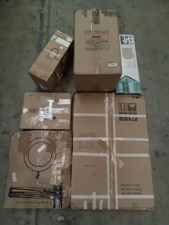 PALLET OF ASSORTED ITEMS INCLUDING ALUMINIUM FRAME WHITE BOARD, 2 TIER CHROME SHOE RACK , MYLEK 25L WATER URN, RING LIGHT, AIR MULTIPLIER TOWER FAN, RING LIGHT PHONE STAND 