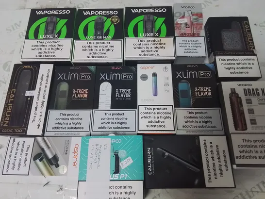 LOT OF ASSORTED E-CIGS AND PARTS TO INCLUDE VAPORESSO, CALIBURN AND VOOPOO