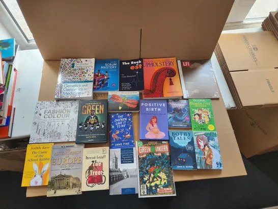 CAGE OF A SIGNIFICANT QUANTITY OF ASSORTED BOOKS BY MAX GLADSTONE, TATSUKI FUJIMOTO, CAITLIN MORAN, JULIA QUINN, ROBERT GREENE, REBECCA BIRELL, ETC