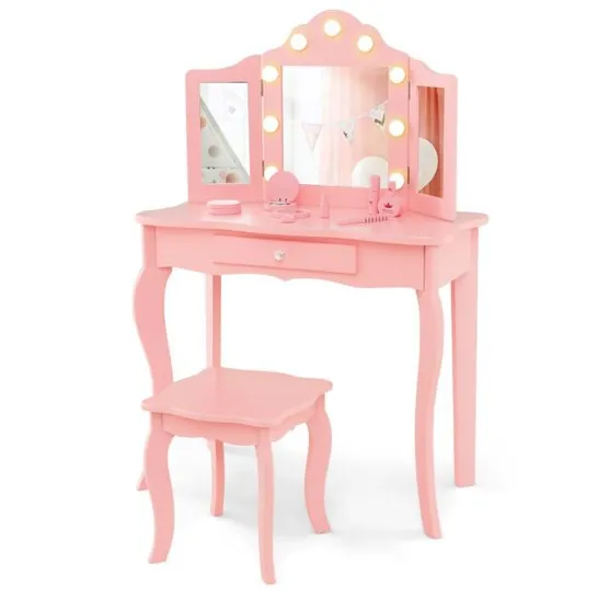 BOXED COSTWAY KIDS VANITY TABLE AND STOOL SET WITH REAL GLASS TRI-FOLDING MIRROR AND DRAWER - PINK