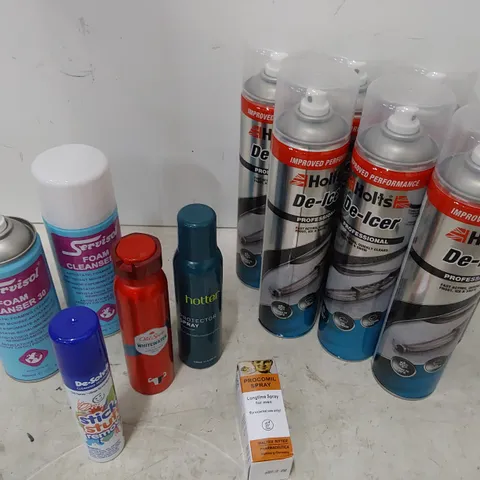 TWO TOTES OF ASSORTED AEROSOLS INCLUDING, HOLTS DEICER, FOAM CLEANER, RAID FLY KILLER, FOAM GAP FILLER, SHAVING FOAM