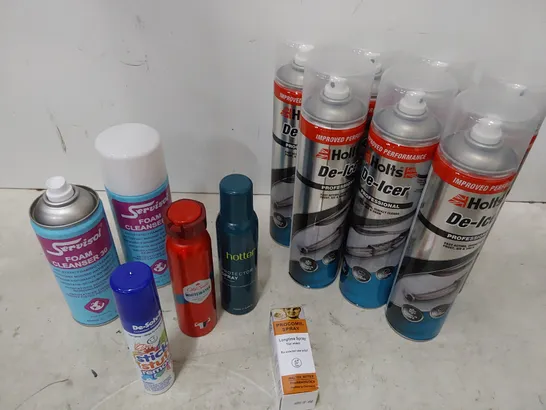 TWO TOTES OF ASSORTED AEROSOLS INCLUDING, HOLTS DEICER, FOAM CLEANER, RAID FLY KILLER, FOAM GAP FILLER, SHAVING FOAM