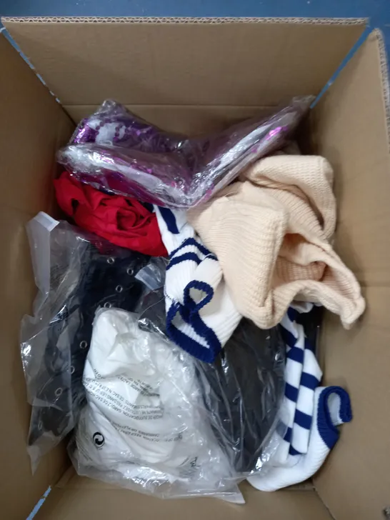 BOX OF ASSORTED CLOTHING ITEMS TO INCLUDE DRESSES JUMPERS ETC