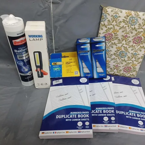 APPROXIMATELY 20 ASSORTED PRODUCTS TO INCLUDE WORKING LAMP, UNIBOND KITCHEN & BATHROOM SANITARY SILICONE SEALANT, DUPLICATE BOOK WITH CARBON SHEETS