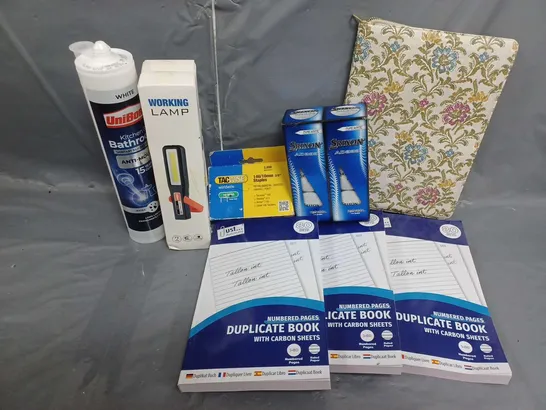 APPROXIMATELY 20 ASSORTED PRODUCTS TO INCLUDE WORKING LAMP, UNIBOND KITCHEN & BATHROOM SANITARY SILICONE SEALANT, DUPLICATE BOOK WITH CARBON SHEETS