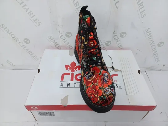 BOXED PAIR OF RIEKER LACE UP BOOTS IN MULTI FLORAL UK SIZE 7.5