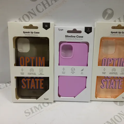 BOX OF APPROXIMATELY 54 TYPO PHONES CASES ('SLIMLINE CASE' & 'SPEAK UP CASE') FOR IPHONE 11, 12 MINI, 12/12PRO IN VARYING COLOURS