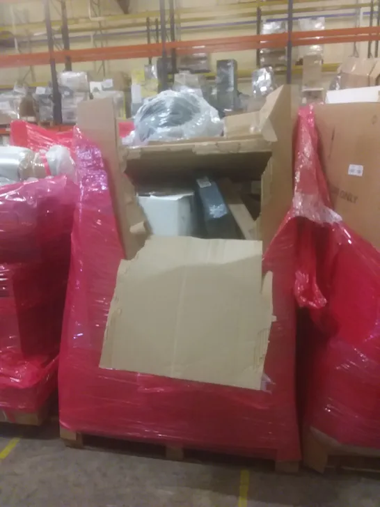 PALLET OF ASSORTED HOUSEHOLD PRODUCTS AND ITEMS, INCLUDING; LAMP, TOILET SEATS, DOG BED, DOG STAIRS, BOXED FURNITURE ETC