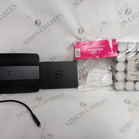 BOX OF APPROXIMATELY 6 ASSORTED ITEMS TO INCLUDE - BT SMART HUB TYPE A - 50 PEICE TEALIGHTS - DELL 4K MONITOR DOCK ECT