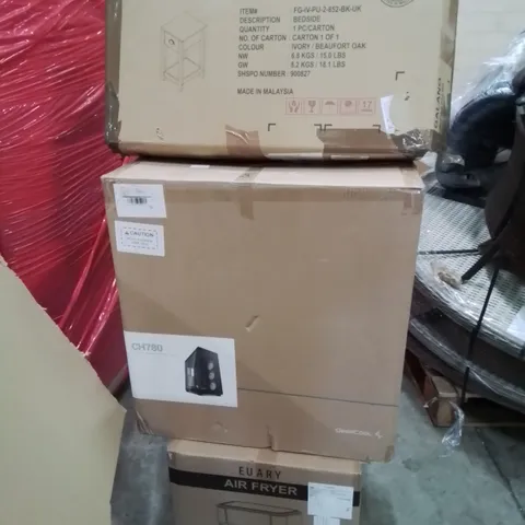 PALLET OF ASSORTED HOUSEHOLD GOODS AND PRODUCTS TO INCLUDE; DUMBELL BENCH, GAMING COMPUTER CASE, AIR FRYER, BEDSIDE TABLE, CASH DRAWER ETC