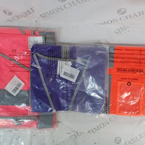 APPROXIMATELY 5 ASSORTED HI-VIS SAFETY VESTS IN VARIOUS COLOURS AND SIZES